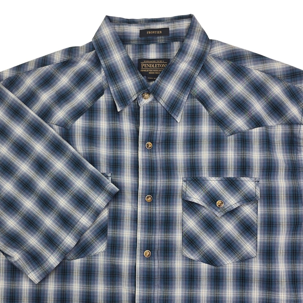 Pendleton Frontier Western Shirt Mens XL Blue Plaid Short Sleeve Snap Button Up